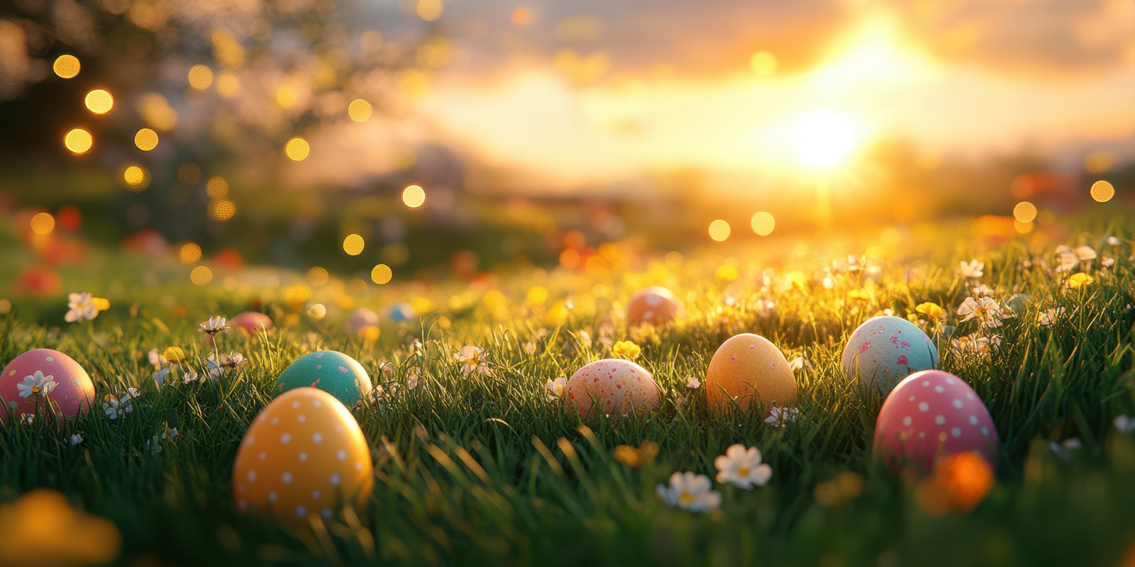 Colorful decorated eggs scattered in a grassy field during sunset with flowers blooming around